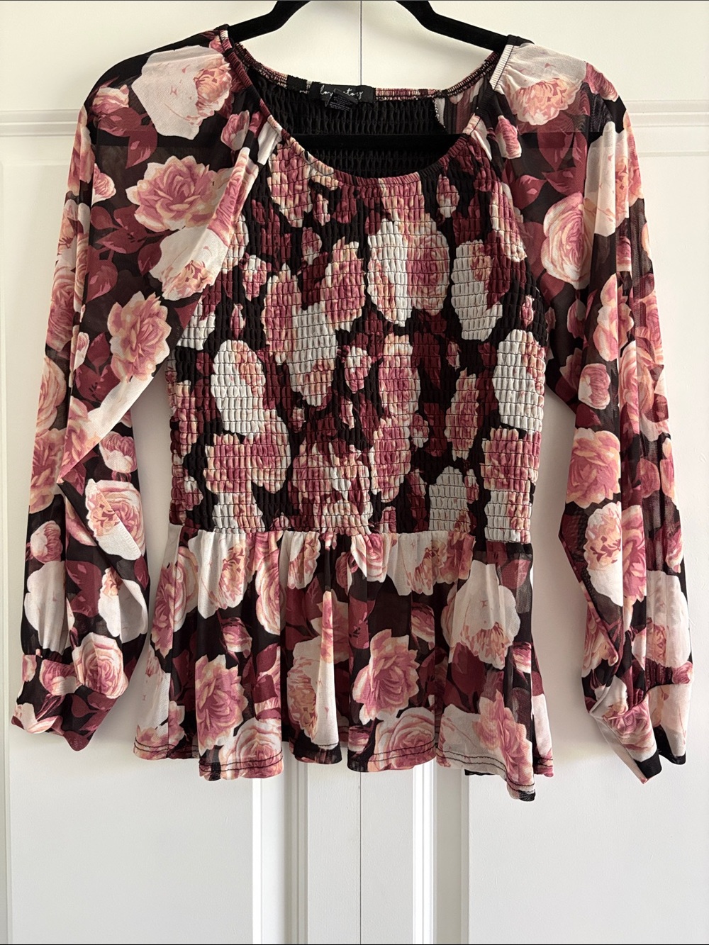 A Love Story Black Smocked Top with Pink Floral design Size S